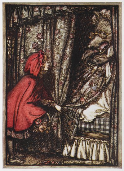 Little Red Riding and the Wolf klädde ut sig till sin mormor. av Arthur Rackham
