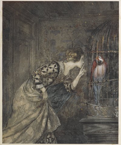 May Colvin och en papegoja i en bur. av Arthur Rackham