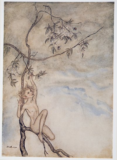 Glad, glad ska jag leva nu under blomman som hänger på grenen, illustration från William Shakespeares The Tempest, pub. 1926 av Arthur Rackham