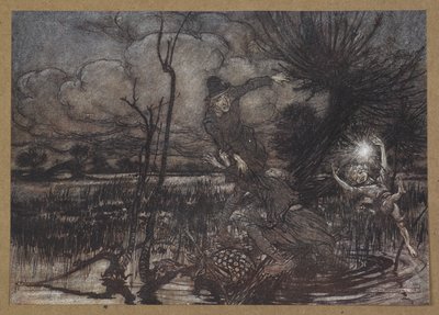 — Vilseleda nattvandrare och skratta åt deras skada? En scen ur "En midsommarnattsdröm". av Arthur Rackham