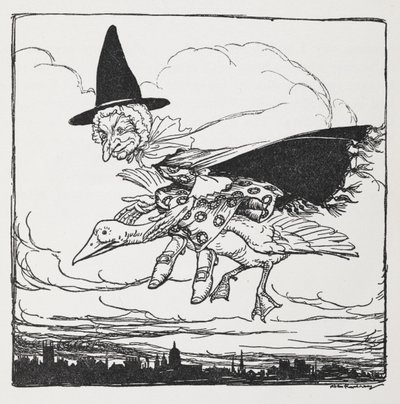 Gåsmor flyger på en gås. av Arthur Rackham