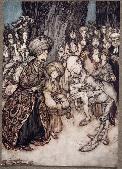 My Lord Duke, sa läkaren upprymt, jag har äran att informera er excellens att er nåd är kär..., från Peter Pan i Kensington Gardens av J M Barrie (1860 - 1937), pub. 1906 (färg av Arthur Rackham