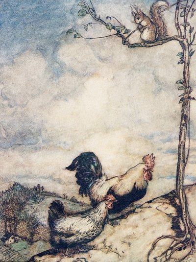 Nu ska vi gå upp för backen och ha en god fest innan ekorren bär iväg alla nötter.., från Bröderna Grimms sagor, pub. 1909 av Arthur Rackham