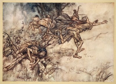 O monstruösa! O märkliga! vi är hemsökta. Be, mina herrar! Flyg, mina herrar! Hjälp!", illustration från William Shakespeares "Midsommarnattsdröm", 1908. av Arthur Rackham