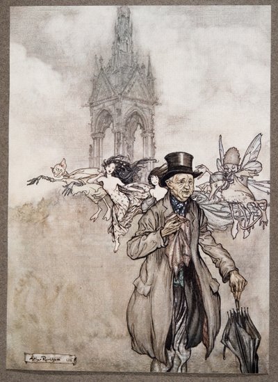 Gamle Mr Salford var ett krabba-äpple av en gammal herre som vandrade hela dagen i trädgårdarna, från Peter Pan i Kensington Gardens av J M Barrie (1860 - 1937), pub. 1906 av Arthur Rackham