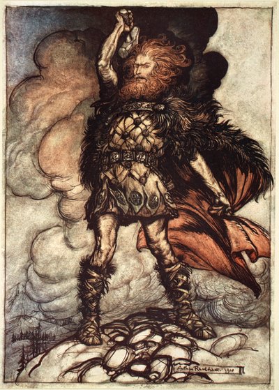 "En av gudarna, Donner, kallar bort dimman", 1910. av Arthur Rackham