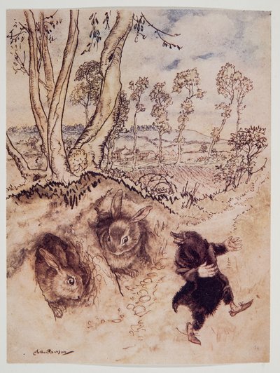 Lök-sås! Lök-sås! anmärkte han hånfullt och var borta innan de kunde komma på ett svar, från Wind in the Willows av Kenneth Grahame (1859 - 1932), pub. 1940 av Arthur Rackham