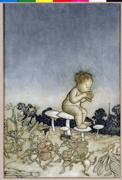 Peter Pan är Fairies Orchestra, illustration från Peter Pan i Kensington Gardens, av J.M. Barrie, 1806 (penna och bläck & wc på papper) av Arthur Rackham