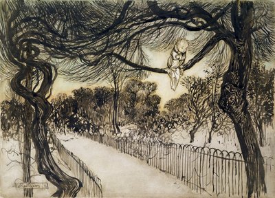 Peter Pan on a Branch, scen från Peter Pan i Kensington Gardens av J.M Barrie, 1912 (penna och bläck och wc) av Arthur Rackham