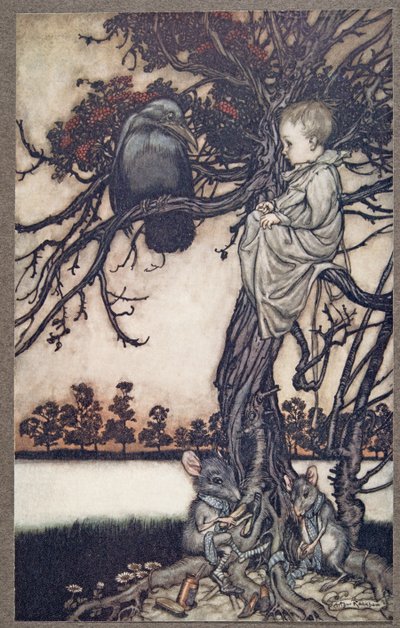 Lägg hans konstiga fall framför Old Solomon Caw, från Peter Pan i Kensington Gardens av J M Barrie (1860 - 1937), pub. 1906 av Arthur Rackham