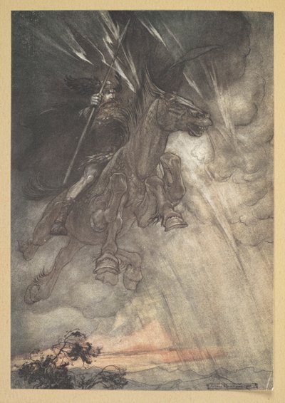 "Raging, Wotan åker till berget! Som en storm-wind kommer han!" av Arthur Rackham