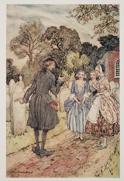 Reciterar för sin nöje alla epitafier på gravstenarna.., från The Legend of Sleepy Hollow av Washington Irving (1783 - 1859), pub. 1928 av Arthur Rackham