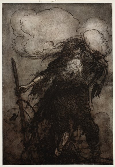 Rip vaknar. Visst, även om han, har jag inte sovit här på hela natten? Åh! Den där flaggan! Den där elaka flaggan! Vilken ursäkt ska jag göra för Dame Van Winkle? från Rip Van Winkle av Washington Irving, pub. 1910 av Arthur Rackham