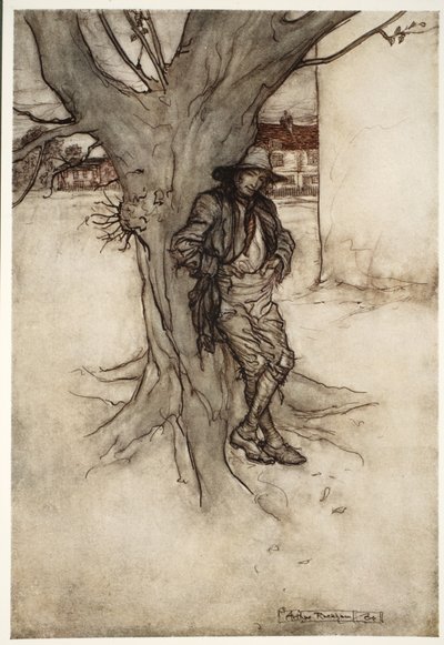 Rips son, en exakt motsvarighet till sig själv, när han gick upp på berget., från Rip Van Winkle av Washington Irving, pub. 1910 av Arthur Rackham