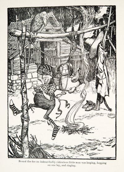 Runt elden hoppade en obeskrivligt löjlig liten man, hoppade på ett ben och sjöng, från The Fairy Tales of the Brothers Grimm, pub. 1909 av Arthur Rackham