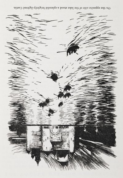 Roddbåtar på en flod som närmar sig ett slott på natten. av Arthur Rackham