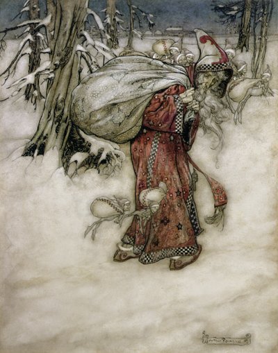 Jultomten, illustration från Arthur Rackhams Book of Pictures, 1907, publicerad 1913 (penna, bläck & wc på papper) av Arthur Rackham
