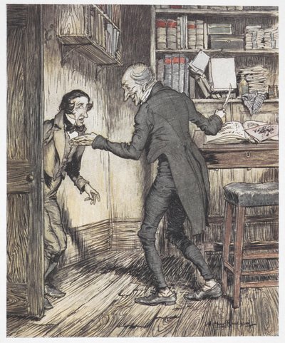 Scrooge skriver på sitt kontor när en annan man kommer in av Arthur Rackham