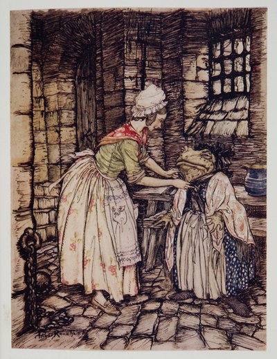 Hon arrangerade sjalen med ett proffsigt veck och band den rostiga huvens snören under hans haka, från Wind in the Willows av Kenneth Grahame (1859 - 1932), pub. 1940 av Arthur Rackham