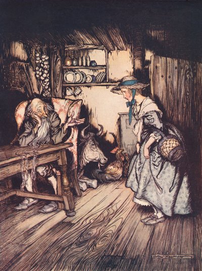 Hon bad ganska vackert om att få övernatta där. Illustration av Arthur Rackham från Grimm