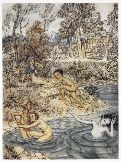 "Hon stötte på en hel flock små barn". Färgillustration för berättelsen "den lilla sjöjungfrun". av Arthur Rackham