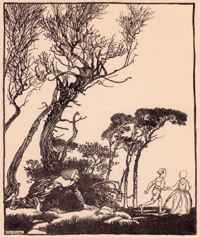 Hon smög efter dem i hemlighet, som häxor kryper. Illustration av Arthur Rackham från Grimms saga Lillebror och lillasyster. av Arthur Rackham