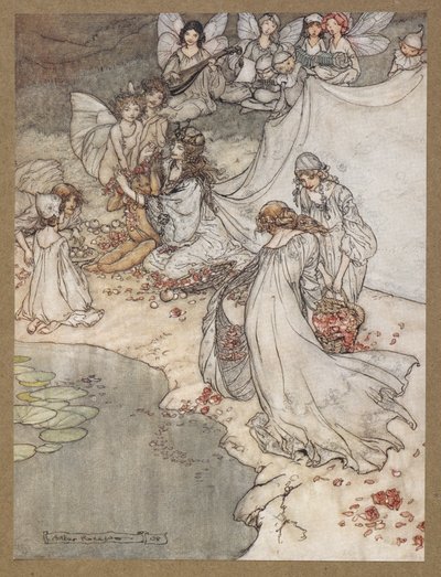 Hon har aldrig haft en så söt omväxling. Fe sånger. En scen ur "En midsommarnattsdröm". av Arthur Rackham