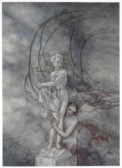 "Hon lade armarna runt marmorfiguren som var så lik prinsen". Illustration till berättelsen, "den lilla sjöjungfrun". av Arthur Rackham
