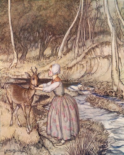Hon tog av sig sin gyllene strumpeband och satte den runt löjromsbockens hals. Illustration av Arthur Rackham från Grimms saga, lillebror och lillasyster, publicerad i slutet av 1800-talet. av Arthur Rackham