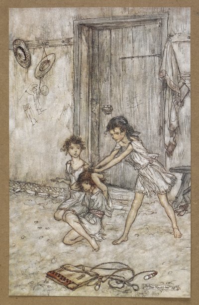 学校に行ったとき、彼女はビクセンでした。」 「真夏の夜の夢」の一場面.swedish av Arthur Rackham