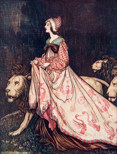 Hon åkte iväg tillsammans med lejonen från Bröderna Grimms sagor, puben. 1909 av Arthur Rackham