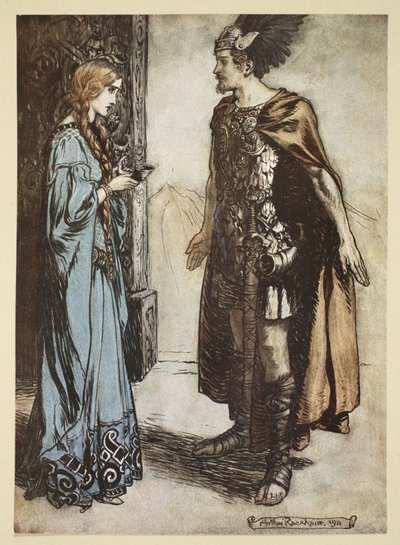 Siegfried ger tillbaka drickshornet till Gutrune och stirrar på henne med plötslig passion, illustration från "Siegfried and the Twilight of the Gods", 1924 av Arthur Rackham