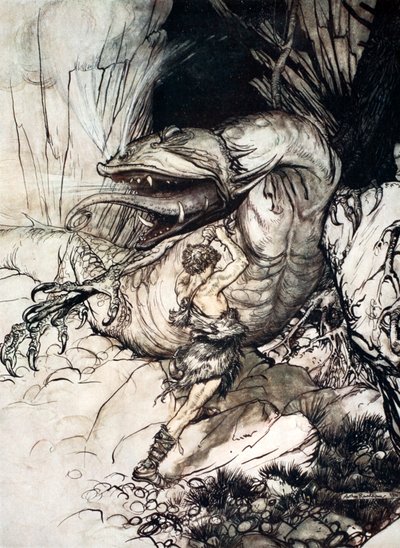 "Siegfried dödar Fafner", 1924. av Arthur Rackham