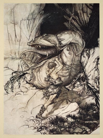 Siegfried dödar Fafner, illustration från "Siegfried och gudarnas skymning", 1924 av Arthur Rackham