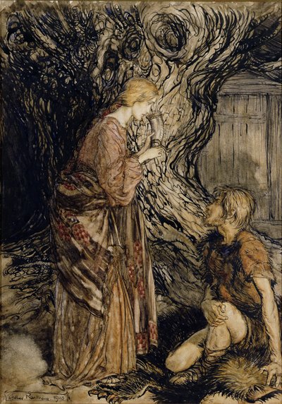 Siegmund och Sieglinde, Illustration från Rhinegold and the Valkyrie av Richard Wagner, Heinemann, 1910 (penna & bläck med wc på papper) av Arthur Rackham