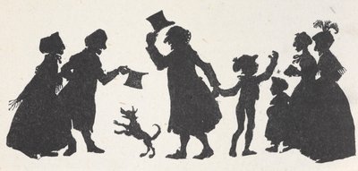 Siluett av en ung pojke och en man som hälsar folk på väg hem från kyrkan. av Arthur Rackham