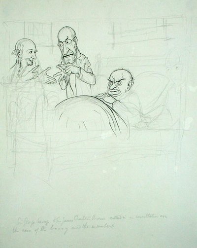 Sir George Savage och Sir James Crichton Browne (1840-1937) kallade i samråd om fallet med BXXXY och medlemmarna (penna och bläck och penna på papper) av Arthur Rackham