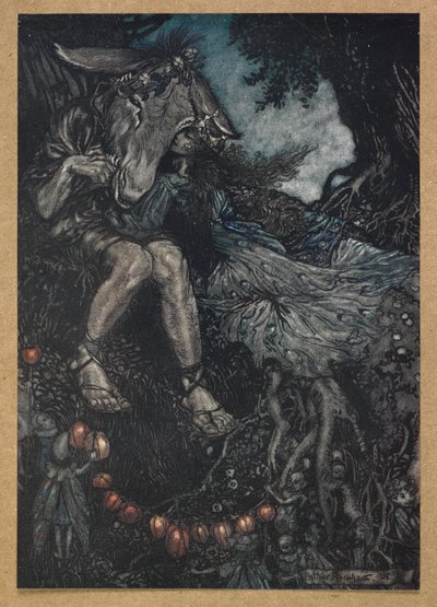 Sov du, så ska jag vinda dig i mina armar. Botten och Titania. En scen ur "En midsommarnattsdröm". av Arthur Rackham