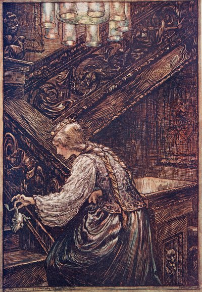 Så hon grep honom med två fingrar och bar honom upp på övervåningen .., från Sagorna om bröderna Grimm, pub. 1909 av Arthur Rackham