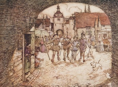 Så de fyra bröderna tog sina käppar i händerna, bad farväl till sin far och gick ut genom stadsporten, från The Fairy Tales of the Brothers Grimm, puben. 1909 av Arthur Rackham