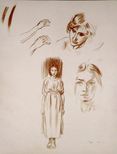 Studier av en kvinna, av ansikten och av händer (sangvinskt på papper) av Arthur Rackham