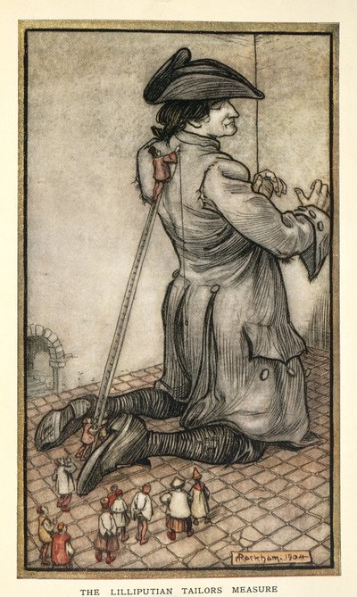 Tailors of Lilliput mäter Gulliver, illustration från Gullivers Travels av Jonathan Swift, av Arthur Rackham av Arthur Rackham