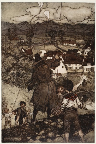Lärde dem att flyga drakar., från Rip Van Winkle av Washington Irving, pub. 1910 av Arthur Rackham