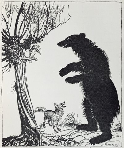 Björnen och räven, illustration från "Aesops fabler", publicerad av Heinemann, 1912 av Arthur Rackham