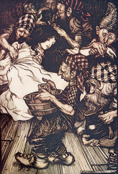 Dvärgarna, när de kom på kvällen hittade Snowdrop liggande på marken, från Sagorna om bröderna Grimm, pub. 1909 av Arthur Rackham
