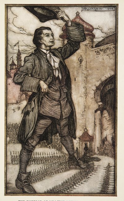 Kejsaren av Lilliput granskar sina trupper, från Gullivers resor av Jonathon Swift (1667 - 1745), pub. 1909 (lito i färg) av Arthur Rackham