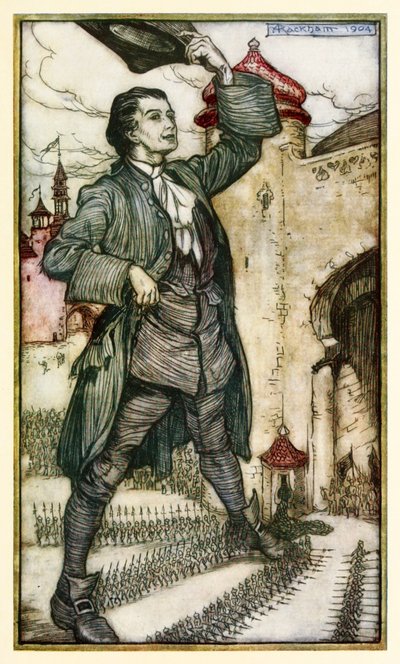 The Emperor of Lilliput recenserar sina trupper från del I: A Voyage to Lilliput in Gullivers Travels av Jonathan Swift av Arthur Rackham