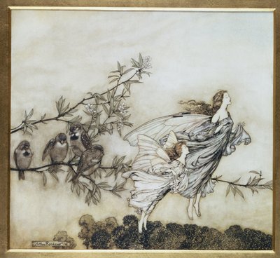 Feerna har sin Tiff with the Birds, illustration från 1906 för Peter Pan i Kensington Gardens av J.M. Barrie, pub. 1906 (bläck och wc) av Arthur Rackham