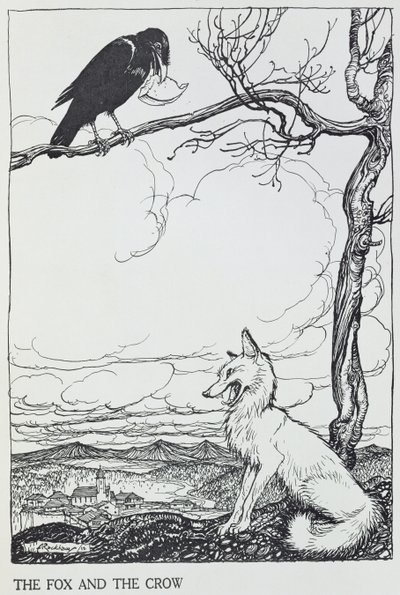 Räven och kråkan, illustration från "Aesops fabler", publicerad av Heinemann, 1912 (gravyr) av Arthur Rackham