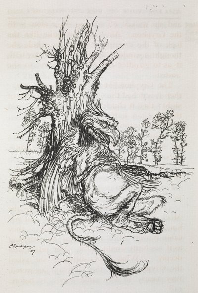 Gryphon sitter mot ett träd av Arthur Rackham